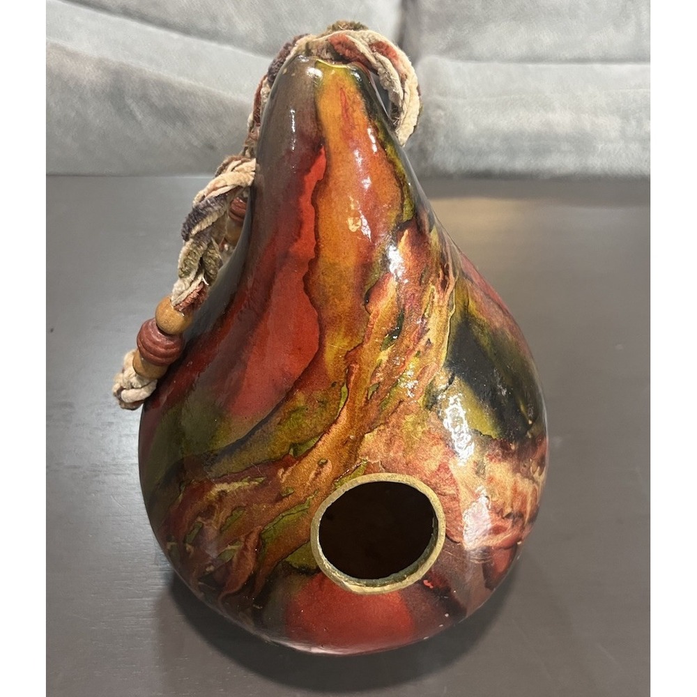Handpainted Gourd Birdhouse Hanging Decor Earth Tones